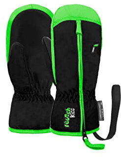 Reusch Ben Mitten extra warme und weiche Fausthandschuhe Winterhandschuhe Fäustlinge Kinder Babys Kleinkinder Mädchen und Jungen mit einem Reißverschluss, schwarz-grün, IV (ca. 4-5 Jahre)