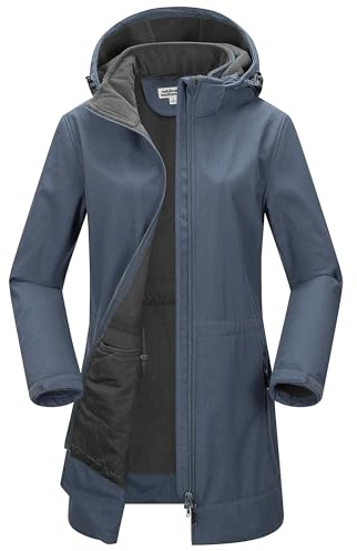 Outdoor Ventures Women's Softshell Long Jacket with Hood Fleece Lined Windproof Jacket for Women Waterproof Windbreaker Grey Blue L