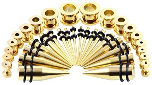 Dehnstäbe Chirurgenstahl, Ohr Tunnel Set mit 36PCS Gold Konus und Binaurale Single-Thread-Kanäle Body Piercing Schmuck Geschenk Kit