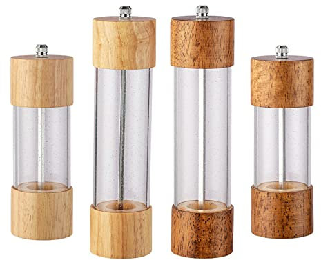 Salz und Pfeffermühle 4er-Set mit Sichtfenster Aus Acryl Manuelle Gewürzmühlen für Kräuter Schleifkern Aus Keramik Shaker Aus Holz, Sternenhimmel Serie, 21,5 Cm/16,5 Cm