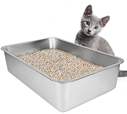Stainless Steel Cat Litter Tray, Metal Litter Tray, 19.5Lx13.5Wx4H | Large Cat Litter Box, Steel Cat Tray, Never Absorb Odors, Non Stick Smooth Surface, Anti-Slip Rubber Bottom, Easy To Clean
