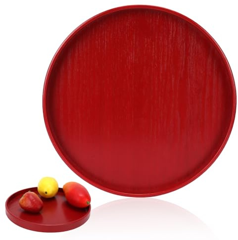Tomotato Serviertablett aus Holz, Rundes rotes Tablett mit erhöhten Kanten, 27cm, MDF, für Kaffee, Tee, Snacks, Frühstück, Desserts