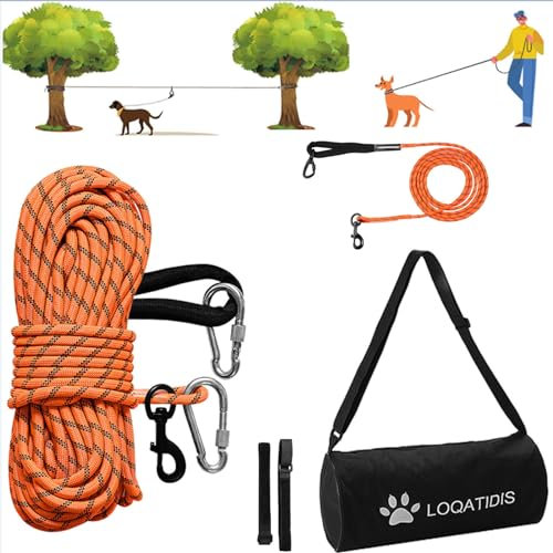 LOQATIDIS 3 en 1 Cable de Amarre para Perros, 15m 30m Sistema portátil de la Carretilla de Arriba, Correa Reflectante para Perros para el Patio Parques Entrenamiento Correr, Bolsa de Hombro