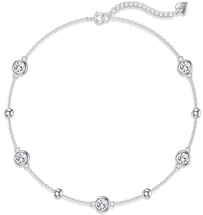 AOBOCO Anklets for Women Sterling Silver Ankle Bracelets with Crystals 9+2''
