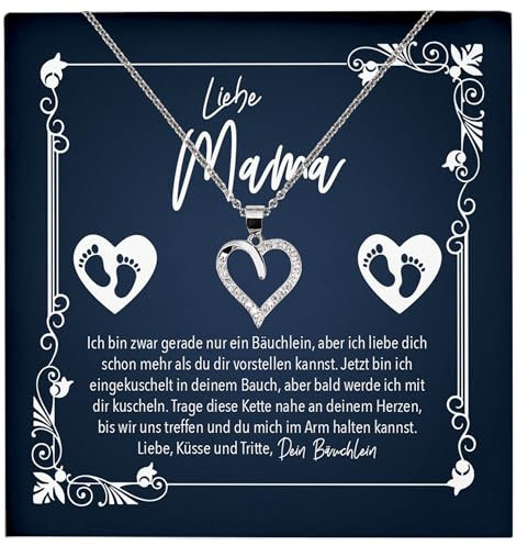 22Feels Liebe Mama von Baby, Schwangerschaft Geschenk Frauen, Babyshower Werdende Mutter Schmuck Set, Geburtstag Muttertag, Mom To Be, Bald - Echt Silber 925 Herz Halskette mit Karte