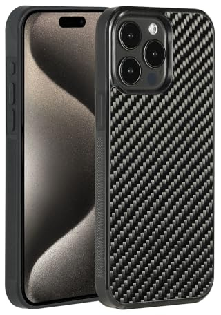 Molzar Grip Series for iPhone 15 Pro Max Case with Real Weave Carbon Fiber, Built-in Metal Plate for Magnetic Mount, Works with Qi-certified Chargers, Glossy Black/Weave