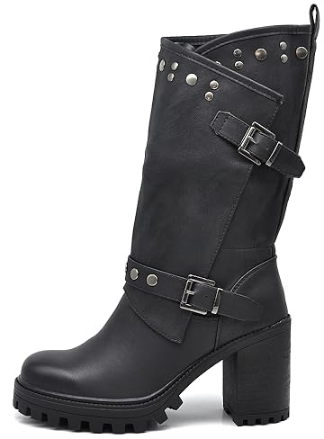 IF FASHION Botas Botines De Mujer Con Tacón Grande, Plateau Tachuelas Cuero Sintético G669, 673 Negro, 39 EU
