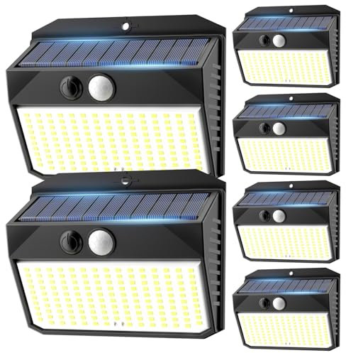 SIGRILL Luce Solare LED Esterno, 6 Pezzi Faretto LED da Esterno con Sensore di Movimento, 150LED Lampada Solare da Esterno con 3 Modos, IP65 Impermeabile LED Lampione per Giardino, Parete, Garage