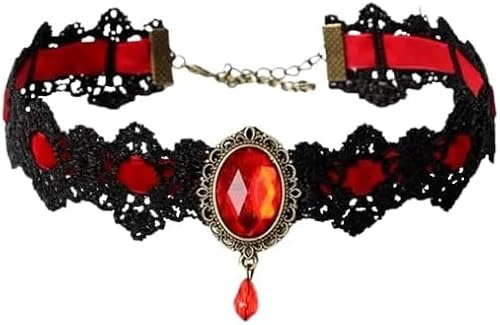 OUTLETISSIMO® ET164 Damen-Halskette Gothic-Stil mit schwarzer Spitze mit Anhänger in der Mitte rot und Anhänger elegant Cosplay ET164, taglia unica, zamak, zamak