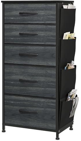 YITAHOME Cassettiera in tessuto con tasche laterali, ganci, armadietto con 5 cassetti, Cassettiera per Corridoio, con vano contenitore per soggiorno, camera da letto, Venatura del legno nero