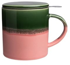 Tranquillo Tee-Aufgusstasse große Keramik Teetasse mit Sieb und Deckel, Teebecher Steingut, Farbe: Vintage Pink, 410 ml