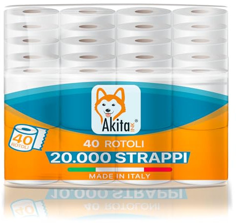 Akitaink 40 rotoli di Carta Igienica 2 Veli 20000 Strappi Totali, Pura cellulosa, Morbida e resistente, Delicata sulla Pelle, Dermatologicamente Testata, Carta 100% Certificata FSC® Made in Italy