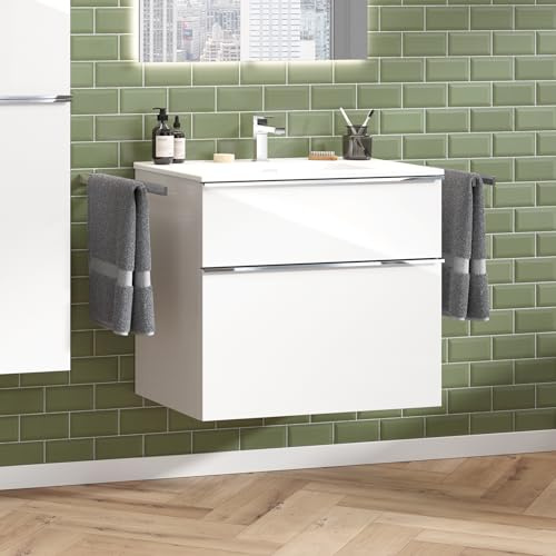 Zentrobad Griff Premium Waschbecken weiß mit Unterschrank 80 cm Waschtisch Badmöbel Badezimmer Schrank Badschrank mit Zwei Schubladen (weiß glänzend lackiert)