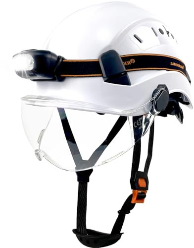 SAFEBUILDER Safety Helmet with Headlight,Safety Hard Hats with Visor,Rechargeable Headlamp for Men Work Industrial,Construction,Forestry (White-Clear Visor-SHL01 Headlight)