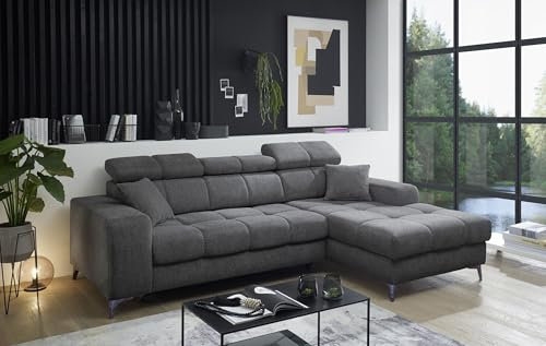 möbelando Ecksofa >Sydney< Elektrische Sitztiefenverstellung, 3 verstellbare Kopfstützen, Bettkasten, in anthrazit - 268x105x172 (BxHxT)