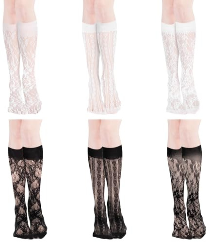 Tyqour 6 pares de medias de encaje para mujer, color blanco y negro, transparente, para Halloween y Oktoberfest, ultrafinas y sexi, encaje ahuecado