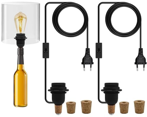 2 Pezzi Portalampada E27 per Bottiglia con Interruttore e Cavo 240CM, Kit Lampada Bottiglia per Lampade Fai Da Te