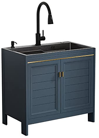 Lavandino con mobiletto nero autoportante in acciaio inox per cucina, garage, cantina, negozio e lavanderia, dimensioni 20,3 cm
