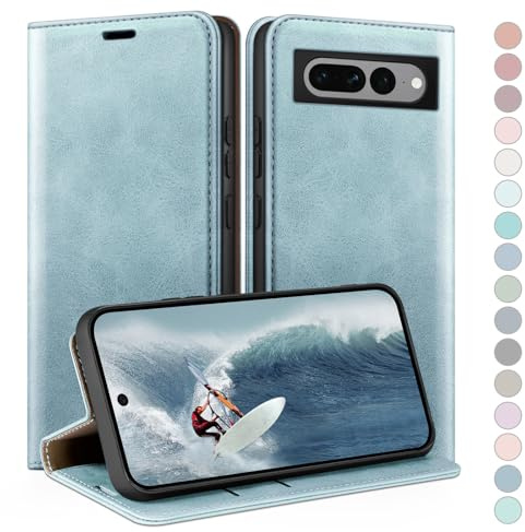 HUOUH für Google Pixel 7 Pro 5G Hülle mit RFID Schutzhülle aus Lederhülle Handyhülle,Kartenfach Leder ständer Handy hülle,360 Grad Schutz Cover für Pixel 7 Pro Klapphülle Wallet Case Hellblau