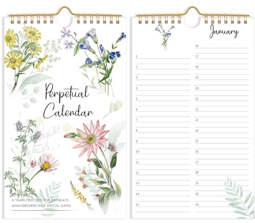 v2croft Calendrier perpétuel, 15,2 x 25,4 cm, non daté, organiseur de 12 mois pour dates importantes, anniversaires, anniversaires de mariage et festivals, motif floral minimaliste, calendrier de