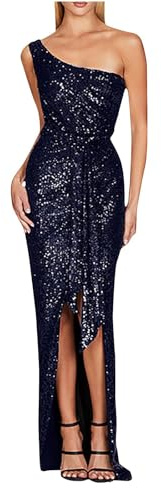 FUPODD Abendkleider Damen Lang Pailletten Kleider Festlich Elegant Hochzeit Cocktailkleid Glitzer Curvy mit Schlitz Ballkleider Frauen Lange One Shoulder Party Abendkleid Eng Sommerkleid mit Gürtel