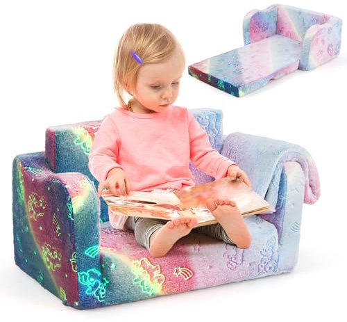COSTWAY 2 i 1 barnsoffa med filt, barnfåtölj lysande i mörkret, barnsoffa vadderad att fälla upp, leksoffa, hopfällbar soffa för pojkar och flickor från 3 år (rosa)