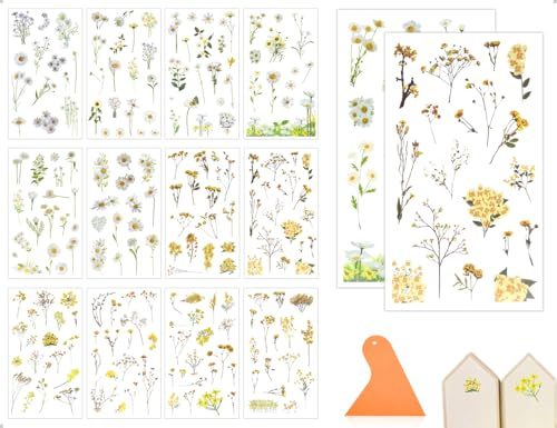 Emezddo 12 Blatt Rub On Sticker,Selbstklebend Transferaufkleber,Frühling Blätter Pflanzen Aufkleber,Blumen Deko,verwendet für Album Scrapbook DIY Basteln Glas Möbel Keramik(Gelb)