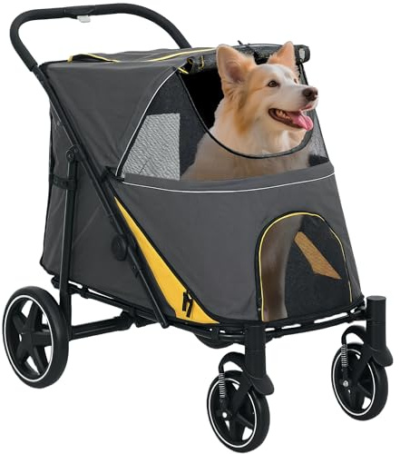 PawHut Hundvagn 4 Hjul med EVA, Kattvagn, Vikbar med Ett Klick, Säkerhetskoppel, Belastning 30 kg, Mörkgrå
