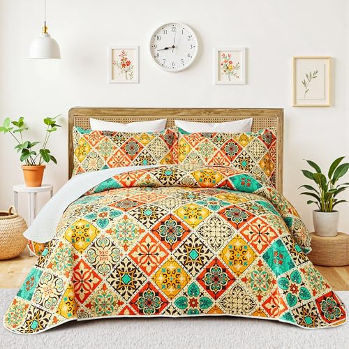 Tyrot 3 Piece Boho Colorful Quilt Set Full/Queen Size Bohemian Reversible Bedding Set Microfiber Lightweight Bedspread Coverlet with 2 Sham Patchwork Mandala Print Bed Covers for All Season, 90''x96''