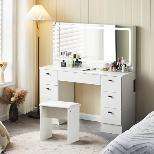 CLIPOP großer Schminktisch, LED, 7 Schubladen, Ladestation, Hocker | Mit großem Spiegel, einstellbare Helligkeit, Kosmetiktisch, Frisiertisch, 117×40×135 cm, weiß, modernes Design, viel Stauraum