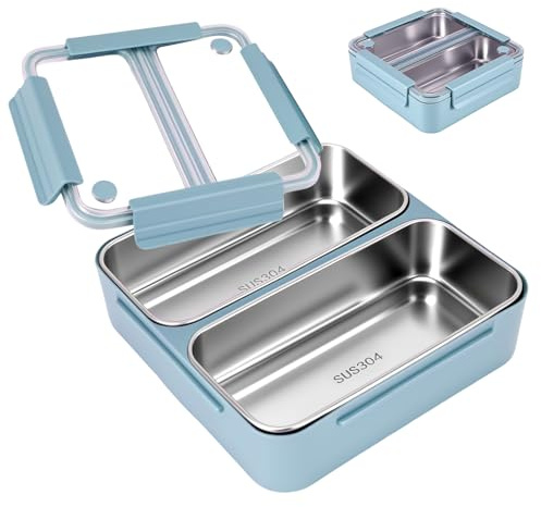 1100ml Bento Lunch Box, Leakproof Insulated Bento Box with 2 Stainless Steel Compartments, Portable Meal Prepare Container for Adults Kids Work & School Meals, Microwave Safe (Blue)