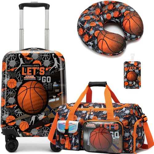 HTgroce Set med 3 barnväskor med handväska, nackkudde, reseväska, etikett, resväska med hjul, B-backetball, 31 x 19.5 x 40.5 cm