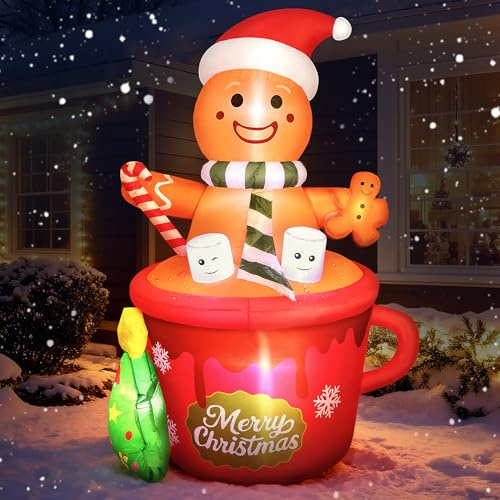 Aufblasbare Weihnachtsdeko, 180cm/ 6FT Lebkuchenmann Deko Aufblasbar Weihnachtsdekoration mit LED Beleuchtet für Aussen XXL Weihnachtsdeko IP44 Wetterfest für Außen Innen Garden Rasen Hof Outdoor