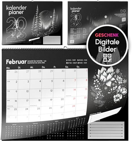Wandkalender 2026 A4 Querformat E&G Klasse Erwachsene Schwarz Weiß 21x30 cm Kalender KW Mondphasen Feiertage Schuljahr Monatskalender Ferienplan Ziele Monochrom Design QR Code Monatsplaner