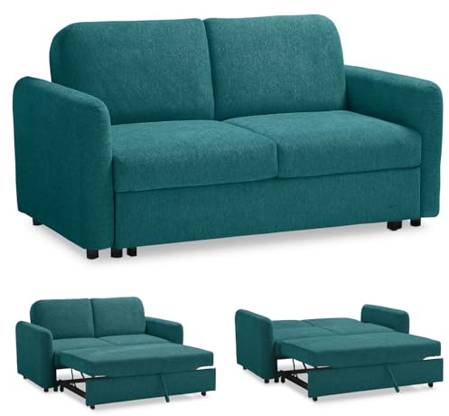 EVERGREENWEB Schlafsofa 2-Sitzer Bett, Couch mit Schlaffunktion, Petrolgrün Stoff, Verstellbare Rückenlehne mit Doppelpolster, Sofa mit Ausziehbarer Chaise Longue, Faltbare Verstärkte Struktur, Nelly