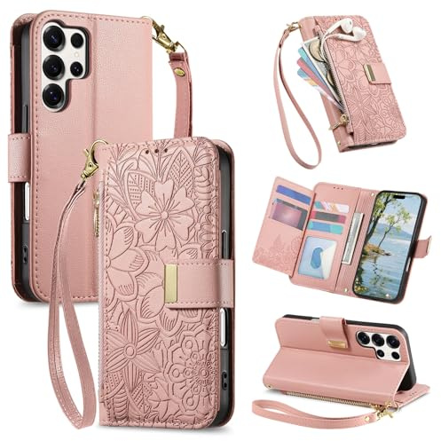 Fertuo Cover per Samsung Galaxy S25 Ultra, Fiori Custodia a Libro Portafoglio Antiurto in Pelle PU Flip Case Interna Silicone con Porta Carte, Supporto, Chiusura Magnetica e Cinturino, Rosa