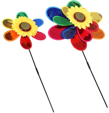 Vaguelly 2pcs Colorful Garden Pinwheel Creative Plastic Windmill Outdoor Ornament Vibrant Rainbow Kinetic Windmill for Lawn Balcony Party Decoration Handheld Ground Insert