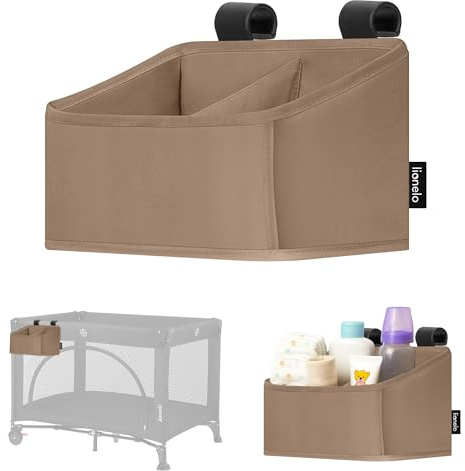 LIONELO Sidepocket Liten Hängande Arrangör och Organisatör för Barnsäng (26×12×15 cm) med 2 Fickor, Passar Spjälsäng, Skötbord & Resesäng, Tvättbar & Kompakt Babyförvaring, Beige