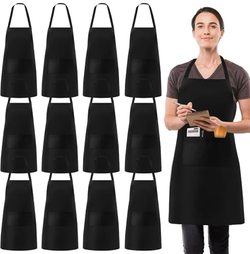 Kochschürze Für Männer Und Frauen, 12 Stücke Verstellbare Latzschürze Mit 2 Taschen, Unisex Arbeitsschürze Küchenschürze, Wasserdichte Kochschürzen, Köche Schürze Für Küche, Restaurant, Café (Schwarz)