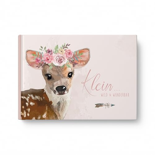 Babyalbum „Klein, wild & wunderbar“ mit Reh | Erinnerungsbuch für das 1. Lebensjahr im Boho-Stil | Babybuch zum Ausfüllen | Geschenk zur Geburt oder Babyparty | DIN A4 Hardcover