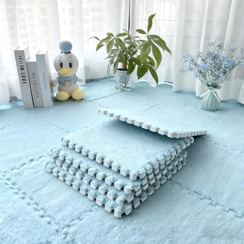 Plüsch Schaumstoffmatten, 12 Stück Flauschige Ineinandergreifende Teppichfliesen, 30x30cm Weiche Puzzle-Matten für Schlafzimmer, Salon, Homeoffice Himmelblau