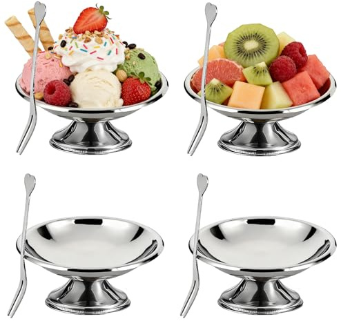 Tissting 4 Stück Eisbecher Edelstahl Ø10cm 90ml Ice Cream Cup Dessertschale | Silber Spülmaschinengeeignet Eisschale mit Gabel für Eiscreme Obstsalat Joghurt Fruchtpudding Hochzeit Party Zuhause