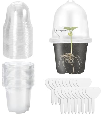CHENGCKJ 20 Stück Anzuchttöpfe Transparent mit Feuchtigkeitskuppel 9cm | Pflanztöpfe mit 20 Pflanzenstecker Rund Blumentöpfe Orchideentopf für Samen, Setzlinge