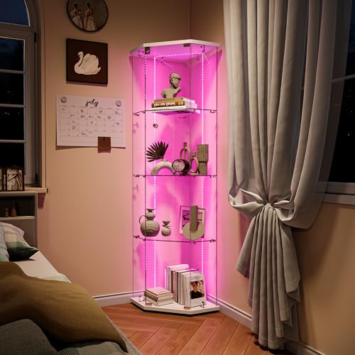 Hauptrolle Eck Glasvitrine mit Touch-LED, 5-eckiger Schaukasten aus Sicherheitsglas mit Weißer Bodenplatte, Moderne Eck-Vitrine zur Präsentation für Wohnzimmer und Büro