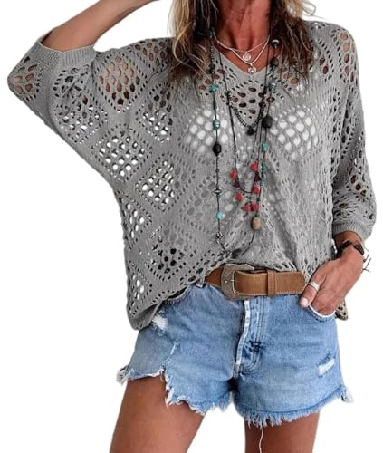Generisk boho-inspirerad damvirkad topp i beige V-ringning – strandskydd och kryssningsoutfit 2026