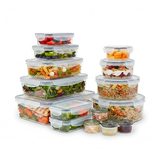 Baroni Home Set 32 Pezzi Contenitori per Alimenti, 16 Contenitori e 16 Coperchi, Contenitori Ermetici Salvafreschezza Impilabili, per Microonde Lavastoviglie Frigorifero
