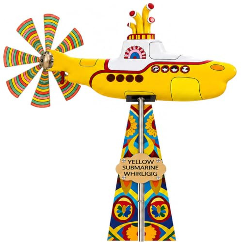 Yellow Submarine Wind Spinner, Metal Kinetic Garden Ornament with Stake | Heavy-duty metal design with rotating blades, ideal for lawns, patios, flower beds and garden borders