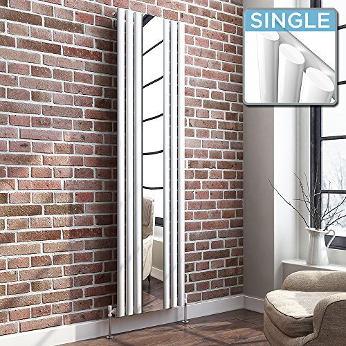 iBathUK Strata Wall-Mounted Vertical Single Oval Panel Mirrored Radiator, Steel High Thermal Output Hydronic Central Heating, Mirror Centred Column Designer Radiator in Matt White, 1800 × 508mm