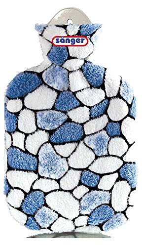 2 Liter Gummi-Wärmflasche inkl. abnehmbarer Plüschbezug Kieselsteine blau/weiß