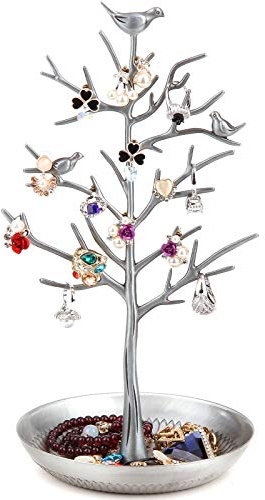 WELL-STRONG Jewelry Tree Necklace Earring Holder Modern Cute Bird Jewelry Stand for Women Girls Teen Silver
